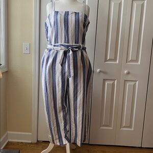 LOFT Blue, White and Brown Striped Jumpsuit Womens 18